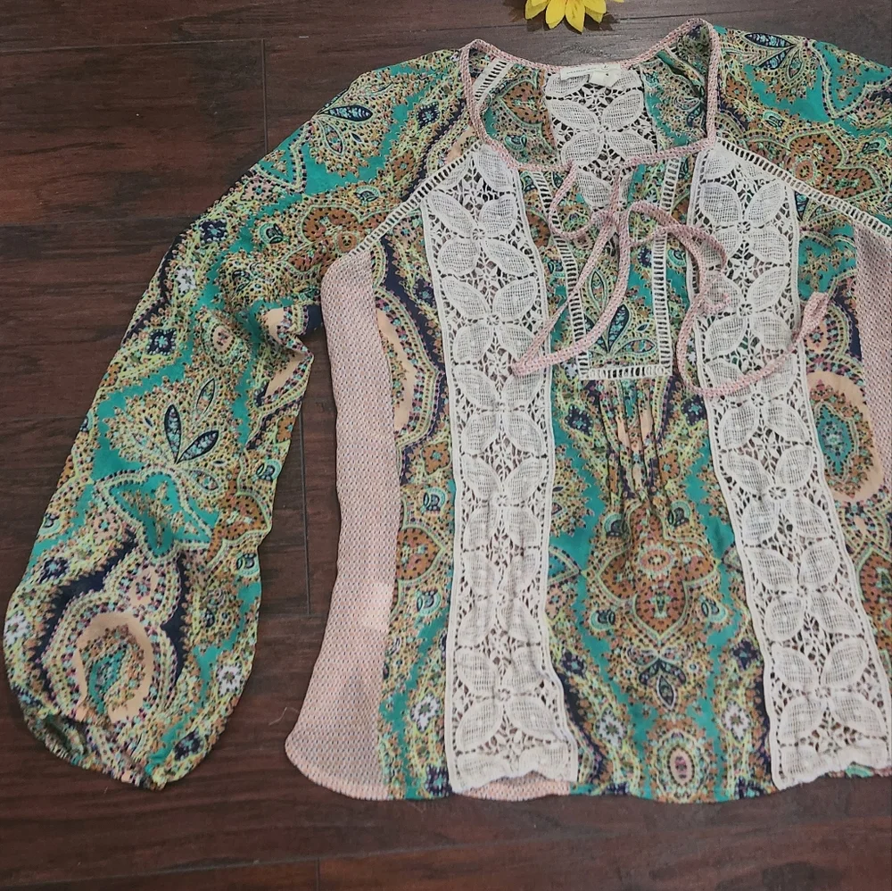Meadow Rue Anthropologie Crochet Lace Peasant Blouse Medium